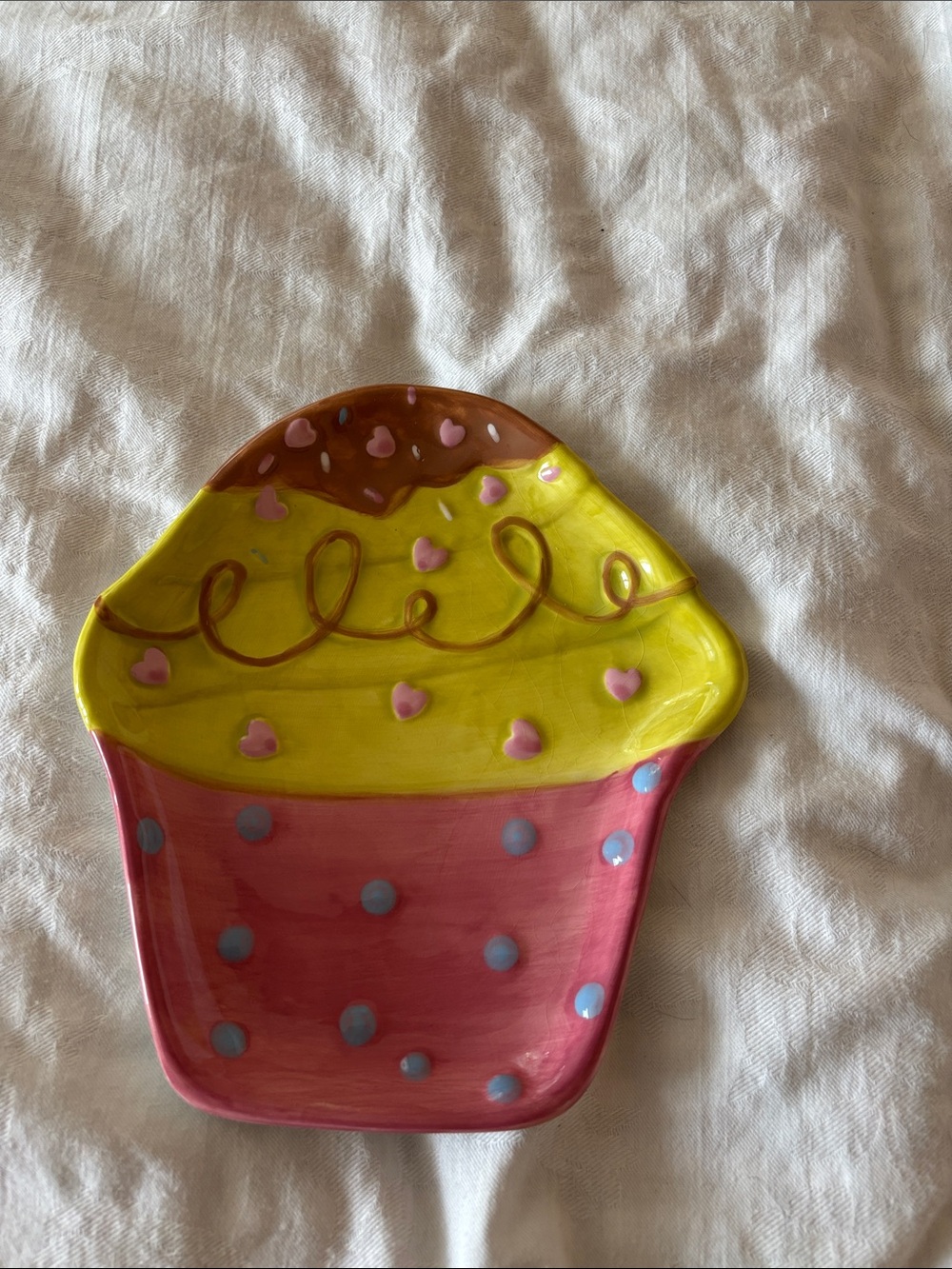 Bright Yellow and Pink Cupcake-Shaped Decorative Dish